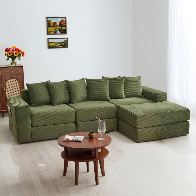 Canapé-lit vert en velours côtelé convertible 10-en-1 avec coin en forme de L, poches latérales et 6 coussins décoratifs, sans assemblage, convient à divers besoins de la maison