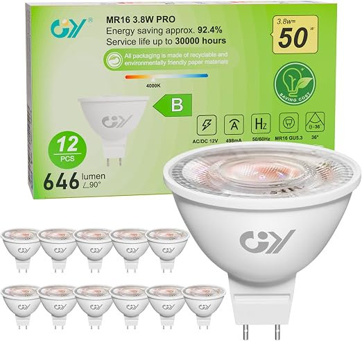 GY GU5.3 Class-B LED Bulbs MR16 3.8W 36° Angle LED Spot,12V 646LM 4000K Neutral White,Equivalent 50W, Energy Efficient, Non-Dimmable, No Flicker, Pack of 12