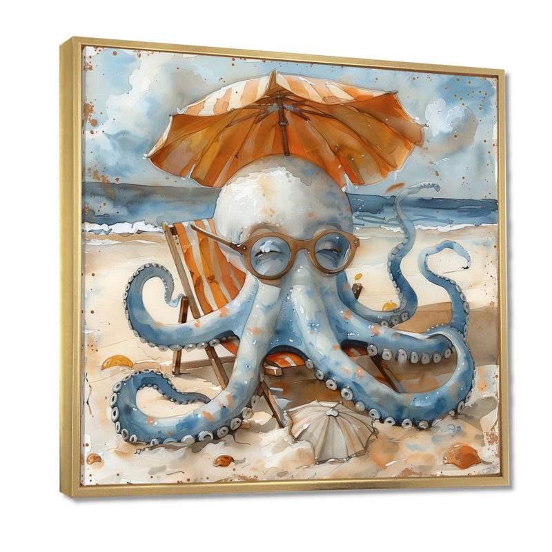 Pieuvre sur la plage à Hawaï II - pieuvre, décoration murale, Toile avec cadre flottant or, H 36 po x l 36 po x P 1,5 po