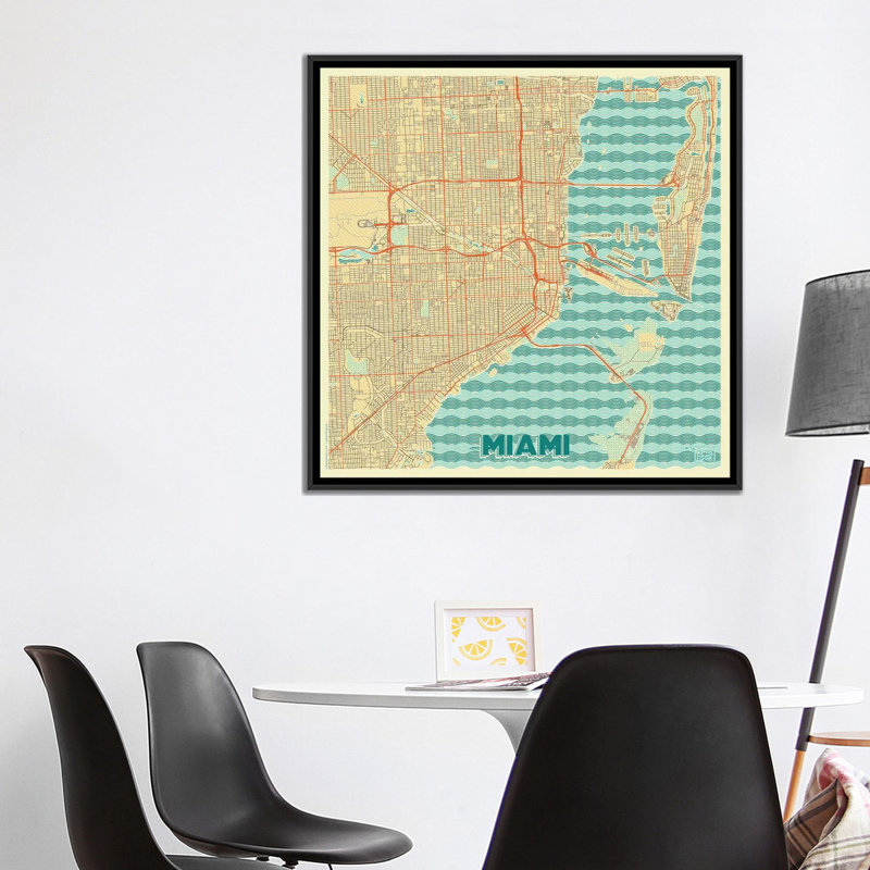 « miami rétro urban blueprint map », reproduction d’impression sur toile, H 18 po x l 18 po x P 1,5 po, Toile avec cadre noir