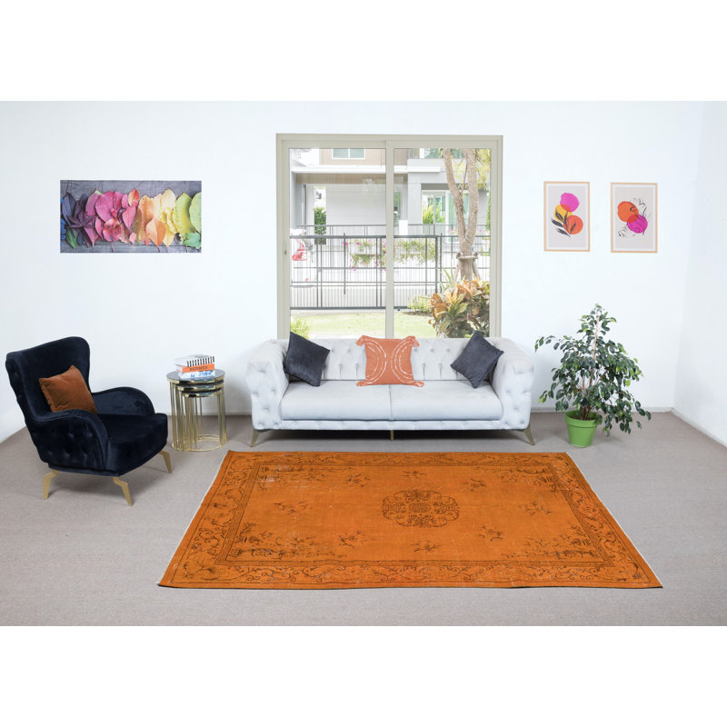 Tapis art déco floral 6,7 x 9 pi, laine et coton faits à la main orange