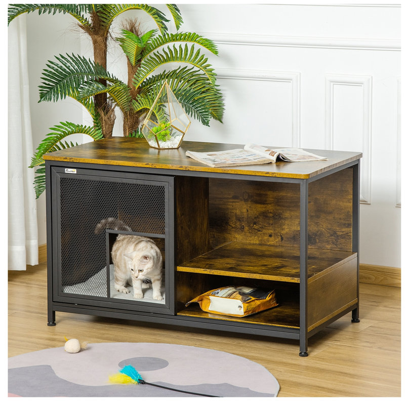 Cage pour chien, table de bout en bois et acier