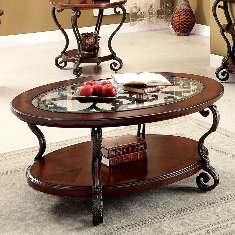 Table basse de salon classique avec finition cerisier brun et ornements en bois massif avec rangement ouvert