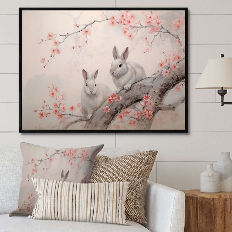 Asian Art Rabbit Family IV - reproduction, H 30 po x l 40 po x P 1,5 po, Cadre flottant noir
