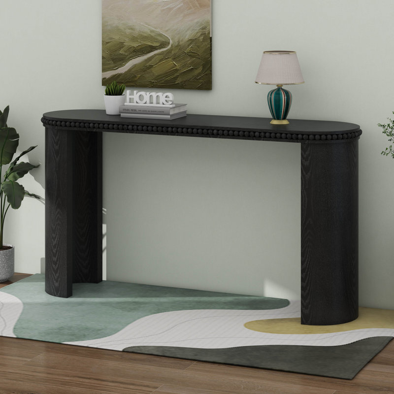 Wood Arched Console Table With Wood Beads, Mid Centeury Modern Curved Entryway Table, Black