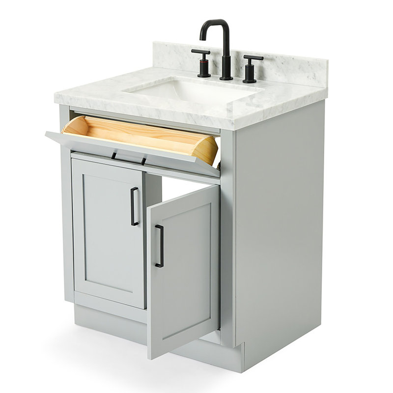 Tidworth 30'' Solid Wood Single Bathroom Vanity with 1.5'' Carrara Marble Top, Grey / Matte Black, Rectangular