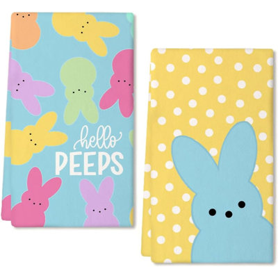 Easter Kitchen Towels Set Of 2,White Polka Dot Bunny Hello Peeps Dish Towels 18X26 Inch Drying Dishcloth,Farmhouse Holiday Seasonal Spring Decorations AD251
