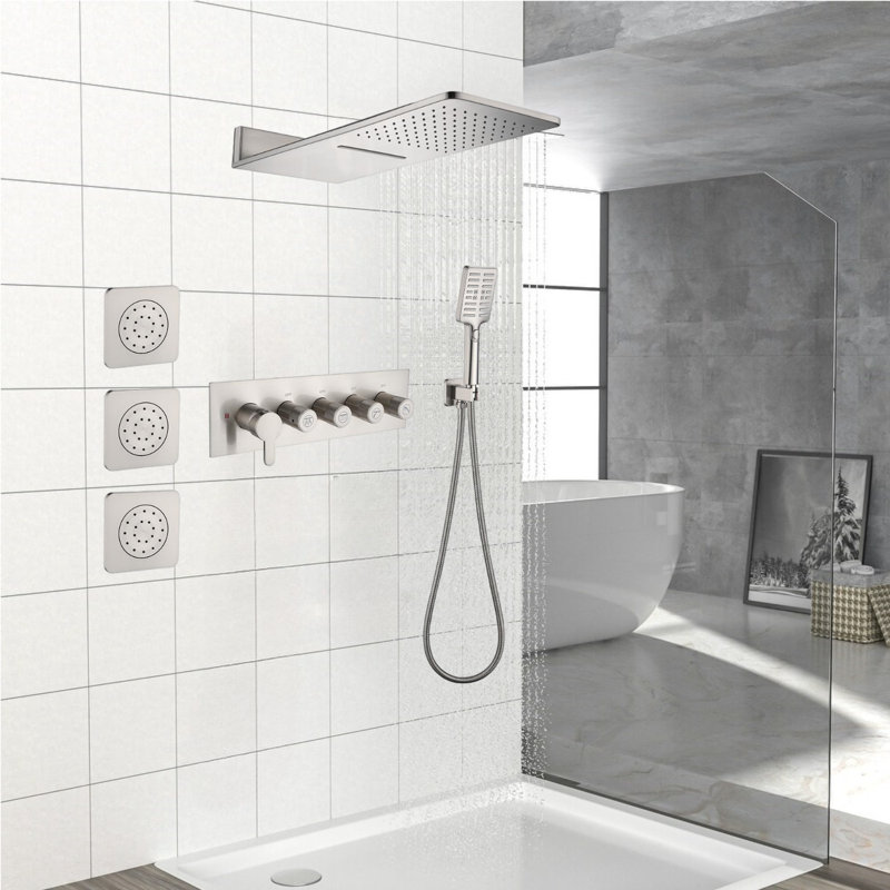 Ensemble de robinet de douche à double fonction 23,6 pouces avec 3 jets de corps et douche à main, Nickel brossé