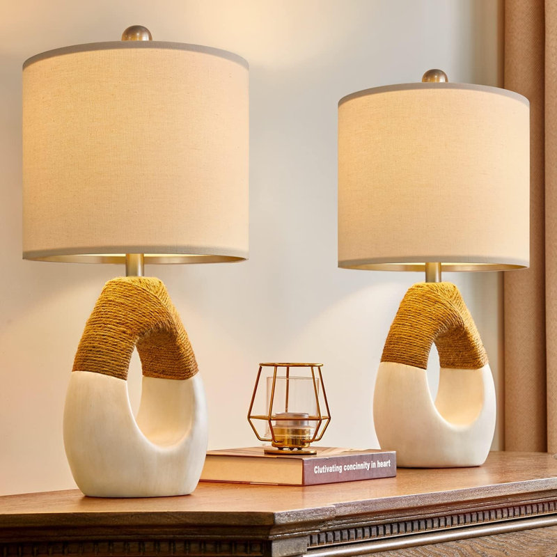 Boho Table Lamps Bedroom Living Room Set 2 Small Farmhouse Rattan Table Lamp 19”Rustic Home Decoration Nightstand Bedside Lamp For Office Compatible With Smart Light Bulbs(Not Include Bulbs)