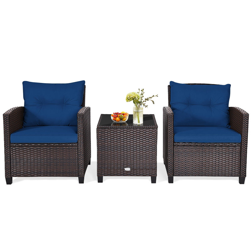 Ensemble de conversation en rotin de trois articles avec coussins, Marine