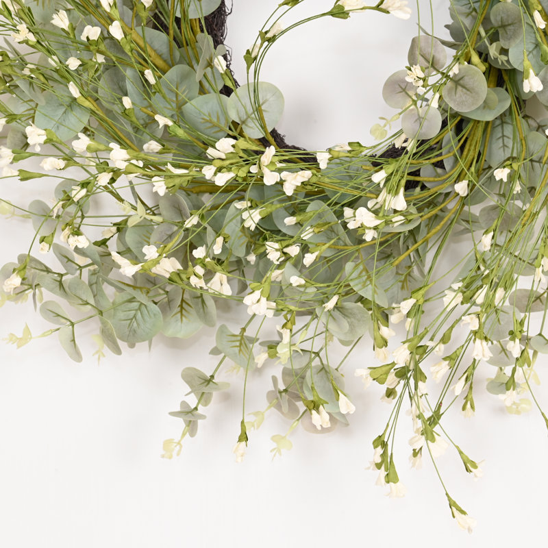 Couronne de porte artificielle florale 24 po Eucalyptus Spring Summer, Vert/blanc