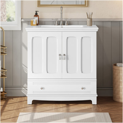 Meuble-lavabo 30 po avec lavabo en céramique, meuble-lavabo à cadre en bois avec tablette réglable, tiroir avec cloison, pieds en bois