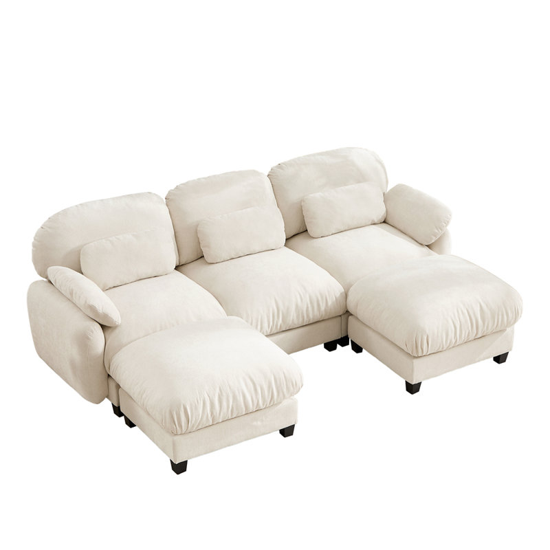 Canapé modulaire 3 places avec deux repose-pieds mobiles pour le salon, Chenille beige