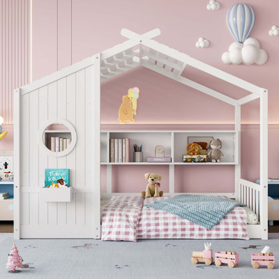 Twin Size Floor House Bed for Toddler, Montessori Bed with Storage Shelf, Playhouse Bed with Roof Design