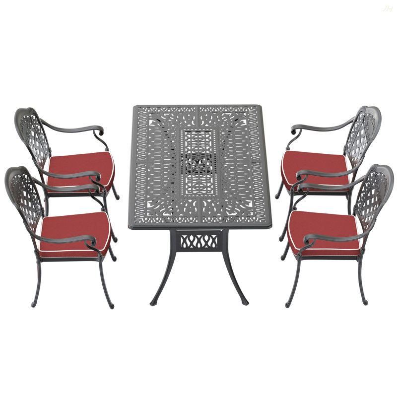 Ensemble de 5 meubles de patio en aluminium coulé avec cadre noir et coussins de siège rouges