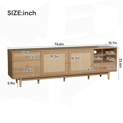 Console média moderne en bois avec rotin véritable, rangement ouvert et tiroirs pour téléviseurs de 65 à 85 pouces, design bohémien