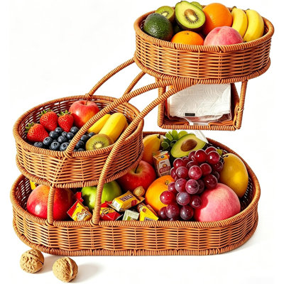 3 Tier Fruit Basket Built-In Tissue Holder Rattan Countertop Storage Organizer Kitchen Pantry Dining
