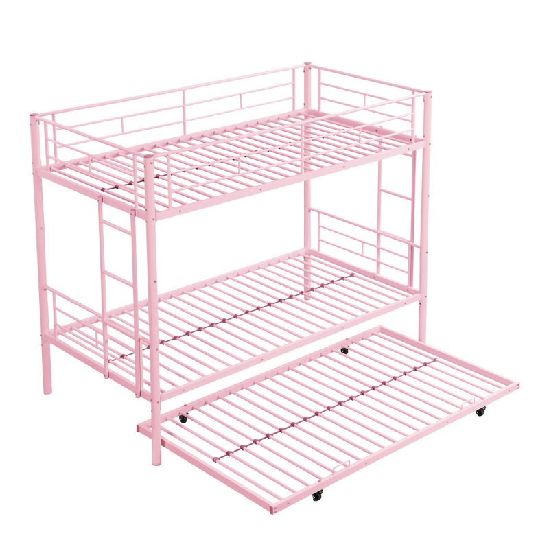 Lit superposé en métal avec lit gigogne rose - option de chambre à coucher moderne, économise de l'espace efficacement, structure en acier pour la durabilité, performance silencieuse et stable, grande capacité de charge, sécurité des escaliers sécuritaires, lit simple