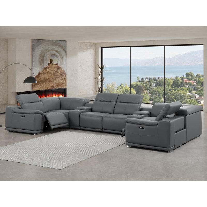 8-Piece U-Shaped Power Reclining Sectional In Genuine Leather – 2 Recliners, Dark Gray Top Grain Leather