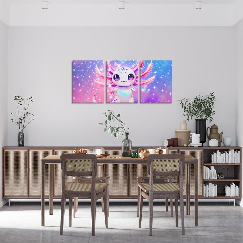 Kids Rainbow Axolotl Canvas Wall Art Set of 3 Teen Girl Cute Axolotl Wall Decor Kawaii Coastal Ocean Animal Framed Paintings Artwork Colorful Salamander Poster Prints,12x16