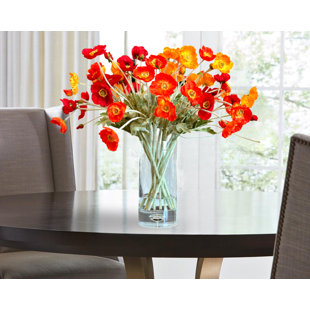 Hot Poppies Floral Arrangement, Artificial Flower Centerpiece, Faux Arrangement In Glass Vase, Blue Paris Flowers