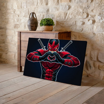 Canvas A Vibrant Superhero In A Striking Red And Black Costume Wall Art Forms A Heart Shape With His Hands Exuding A Playful Bringing Canvas Wall Art