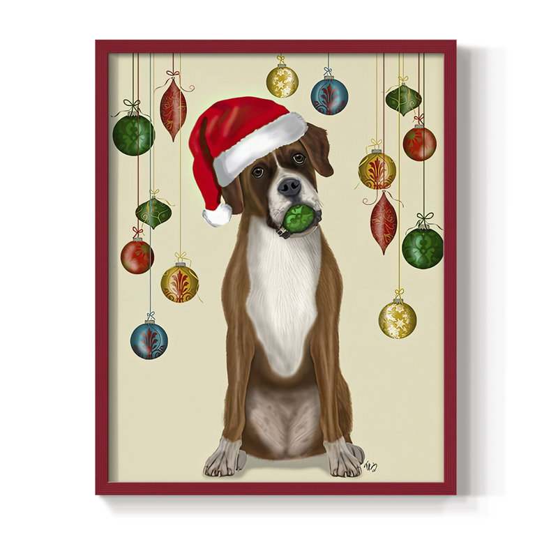 «Christmas Boxer and Bauble Ball», reproduction encadrée - bois massif, H 11 po x l 9 po, Rouge
