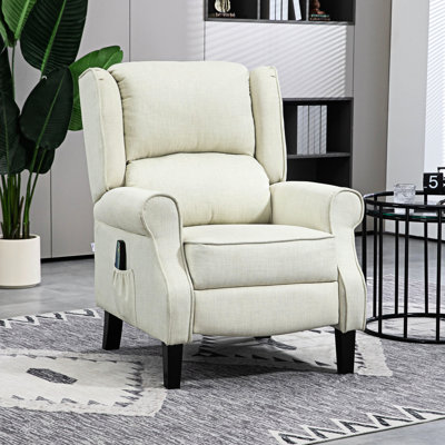 Fauteuil inclinable moderne en lin blanc avec fonction de massage Vibration du tissu - simple à oreilles pour la chaleur du salon, repose-pieds et poche latérale, option pratique
