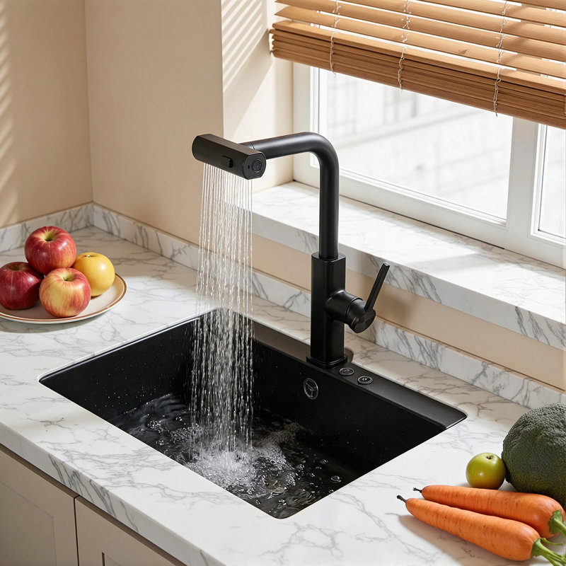 Robinet de cuisine rétractable avec pulvérisateur pivotant à 360 ° - 3 modes de pulvérisation avec débit d'eau horizontal et vertical