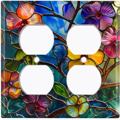 Couvercle de plaque d'interrupteur en métal; Bascule à 4 bandes US standard - Image de vitraux de fleurs colorées