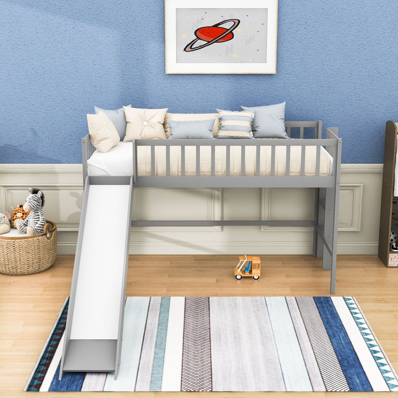 Twin Wooden Low Loft Bed With Slide And Space-Saving Ladder, Gray