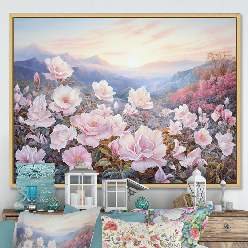 Champ de roses roses en montagne, Cadre naturel flottant, H 30 po x l 40 po x P 1,5 po
