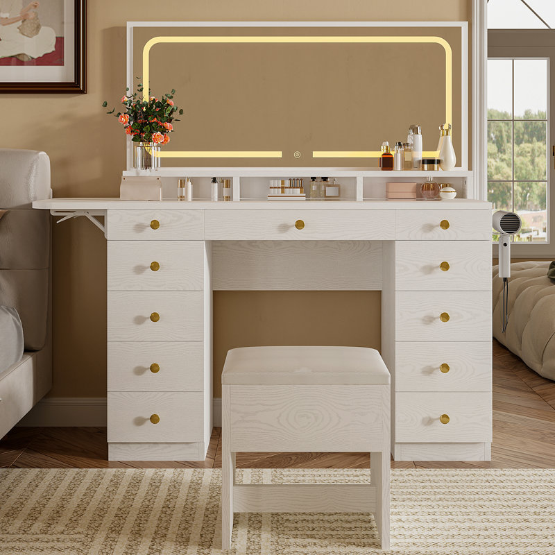 46’’ L Large Modern Style Makeup Vanity Desk With Mirror, LED Lights And Power Outlet, 11-Drawer Vanity Set With Stool, White