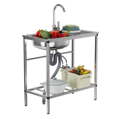 Stainless Steel Utility Sink Set, Freestanding Single Bowl Kitchen Sink, Outdoor Sink Station with Hose Hook Up, Hot & Cold Faucet, Storage Shelves for Garage, Restaurant, Kitchen, Laundry Room