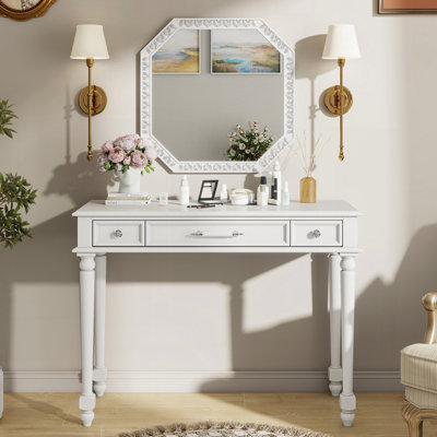 Bureau de maquillage rétro avec grand miroir et rangement à 3 tiroirs, console élégante pour la chambre à coucher et le salon