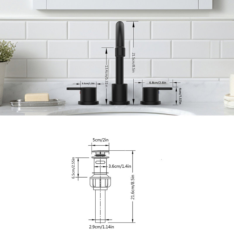 Widespread Bathroom Sink Faucet 2 Handle 8 Inch Lavatory Faucet 3 Hole 360° Swivel Spout Vanity Sink Basin Faucets With Pop Up Drain Assembly