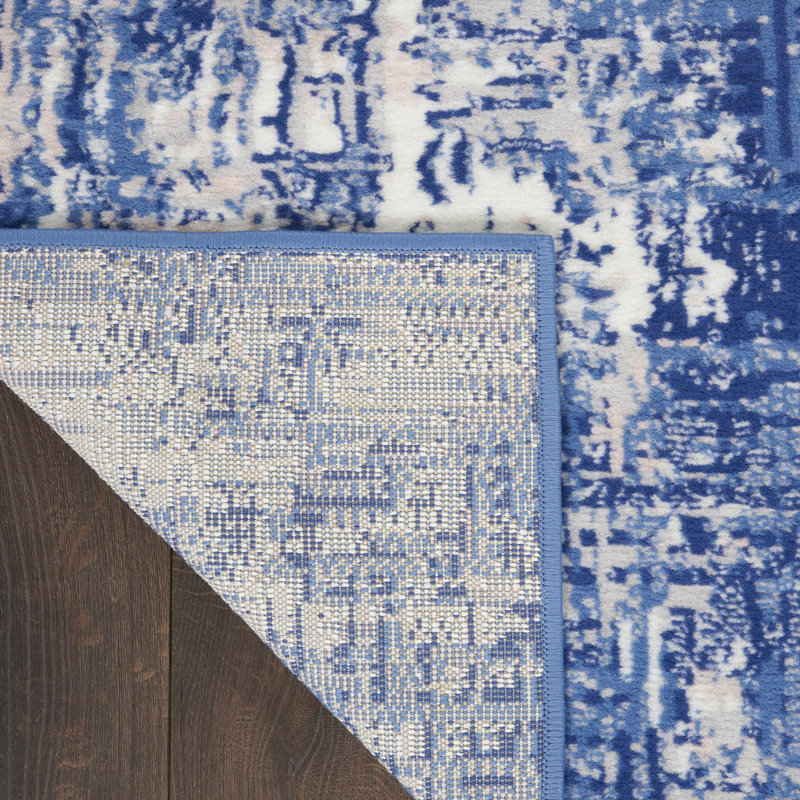 Tapis bleu abstrait en polypropylène tissé à la machine, Tapis de couloir 2 pi x 6 pi
