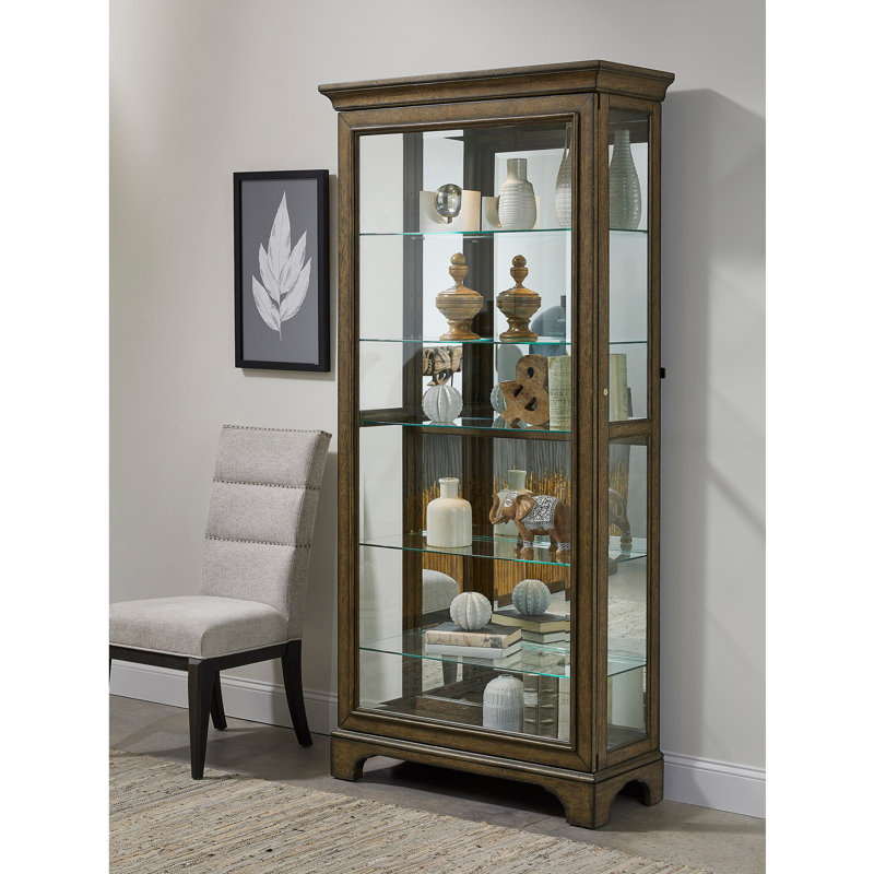 Brown Oak Lighted Curio Cabinet with Glass Shelves