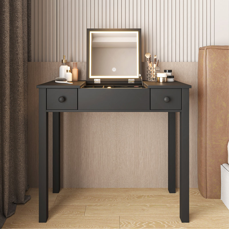 Multifunctional Vanity Desk With 3-Level Adjustable Lighting With Flip-Top Mirror Storage 15.75" Deep Makeup Table 2 Drawers 3 Removable Organizer Boxes Compact Home Office Desk Black