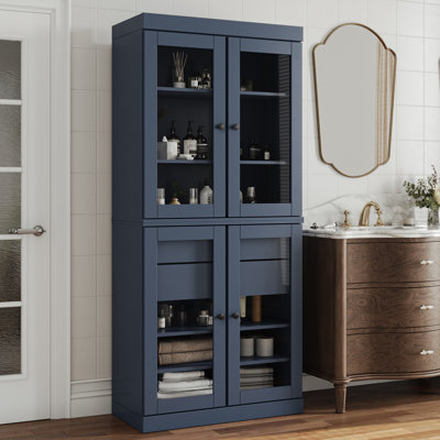 Armoire de rangement autoportante en bois massif l 32 po x H 71,5 po avec portes en verre transparent, 2 tiroirs et tablettes réglables - Organisateur de salle de bain moderne
