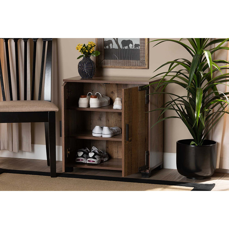 Rustic Brown Wood 2-Door Shoe Cabinet with Industrial Accents