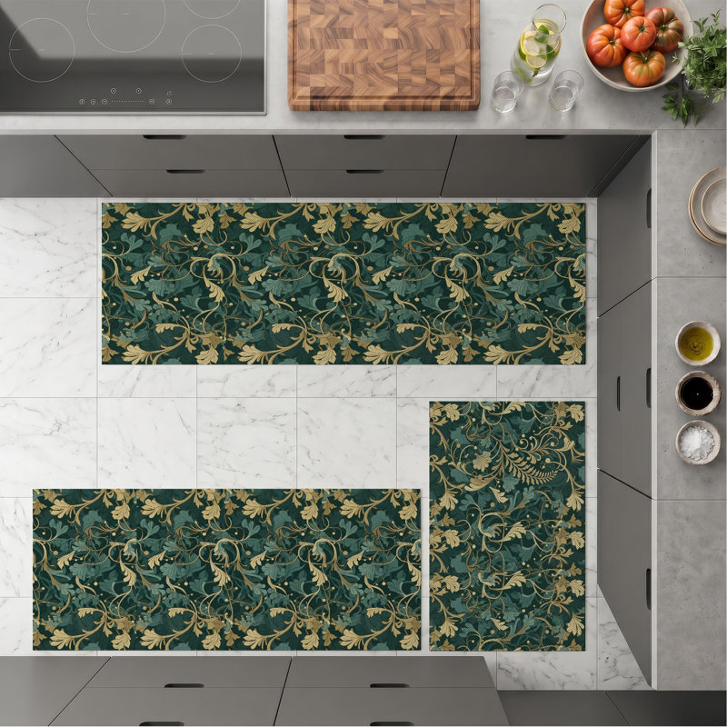 Green Leaf Non-Slip Washable Kitchen Mats