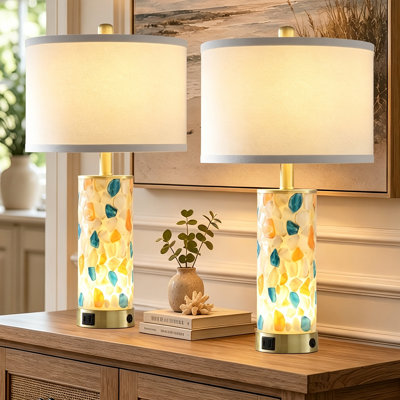 22.5" Modern Table Lamps Set Of 2 With USB Ports, Glass Base With Real Shell Inlay & Linen Shade, Dual Switch With Built-In Night Light, E26 LED Bulbs Included