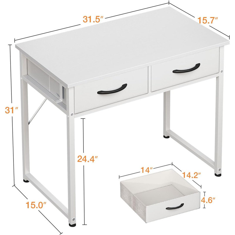 Small Desk With Fabric Drawers- For Bedroom, White Vanity Desk With Storage, Home Office Computer Desk For Small Spaces, 32 Inch Modern Work Writing Study Table, White