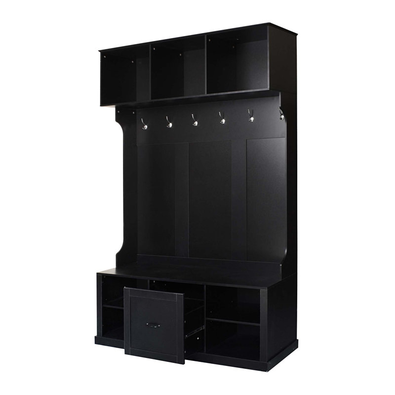 Hall Tree with 6 Hooks, Coat Hanger, Entryway Bench, 3-in-1 Design, A Spacious Drawer for Entrance,Living Room, Black