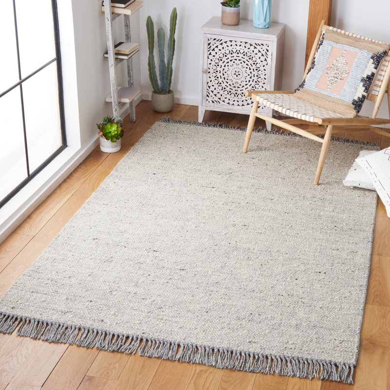 Tapis ivoire / gris en laine tissé à plat à la main Gramer, Rectangle 8 pi x 10 pi