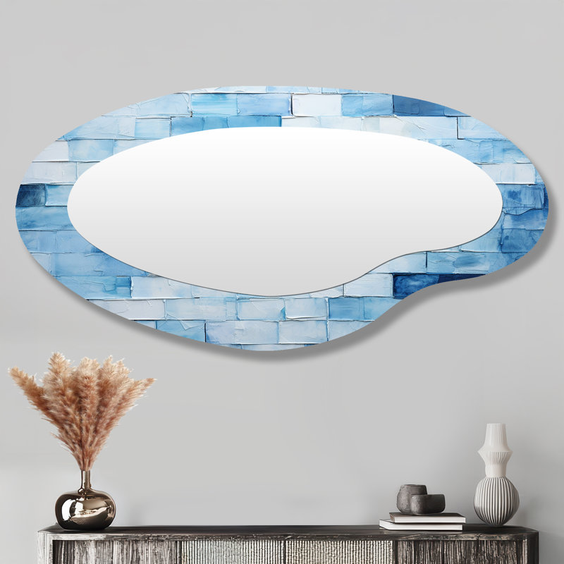 Grand miroir mural blanc et bleu à motif de carreaux scandinaves I - Boho