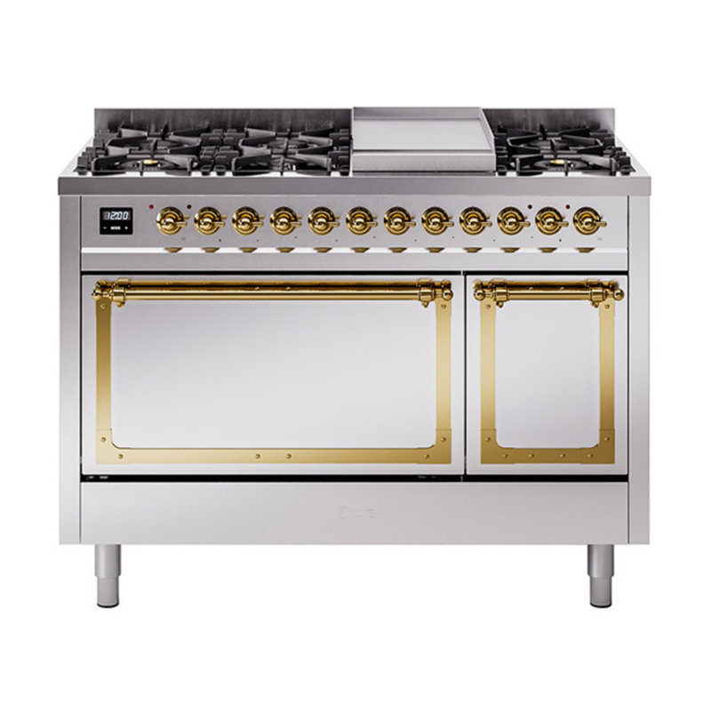 ILVE Nostalgie II Noblesse 48 in Dual Fuel Range, 8 Burner, Griddle, Natural Gas, Stainless Steel/Brass