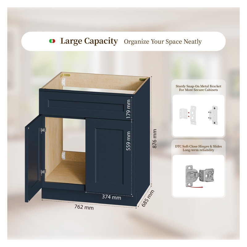 Armoire de base en évier de cuisine bleu marine l 30 po x H 34,5 po Shaker Style