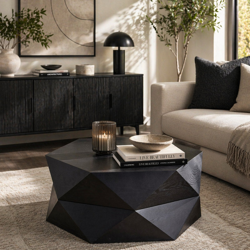 Table basse en bois plaqué à tambour avec plateau rabattable, Noir